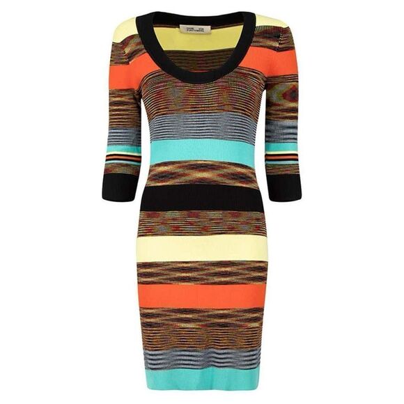 Diane Von Furstenburg Dress Stretch Striped print 3/4 sleeve mini scoop neck M - Picture 5 of 17